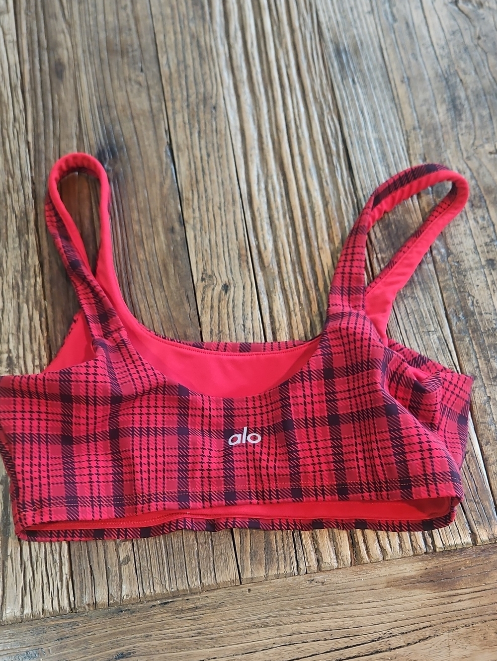ALO Yoga Red Plaid Scoop-Back Sports Bra Size Small